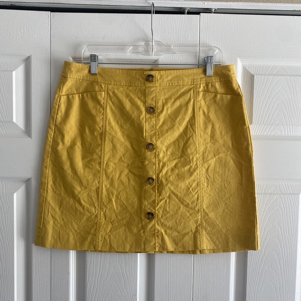 LOFT  Button Front Mini Skirt Womens Size‎ 12 Yellow A-Line Pockets Linen
